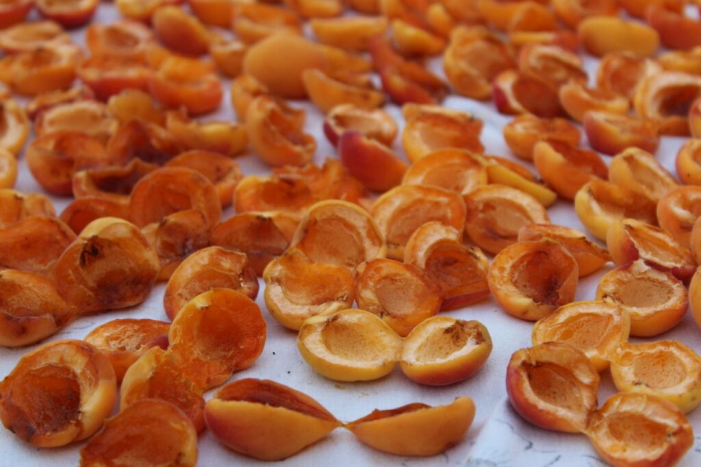 Close-up of sun-dried apricot halves creating a vibrant and healthy snack display.